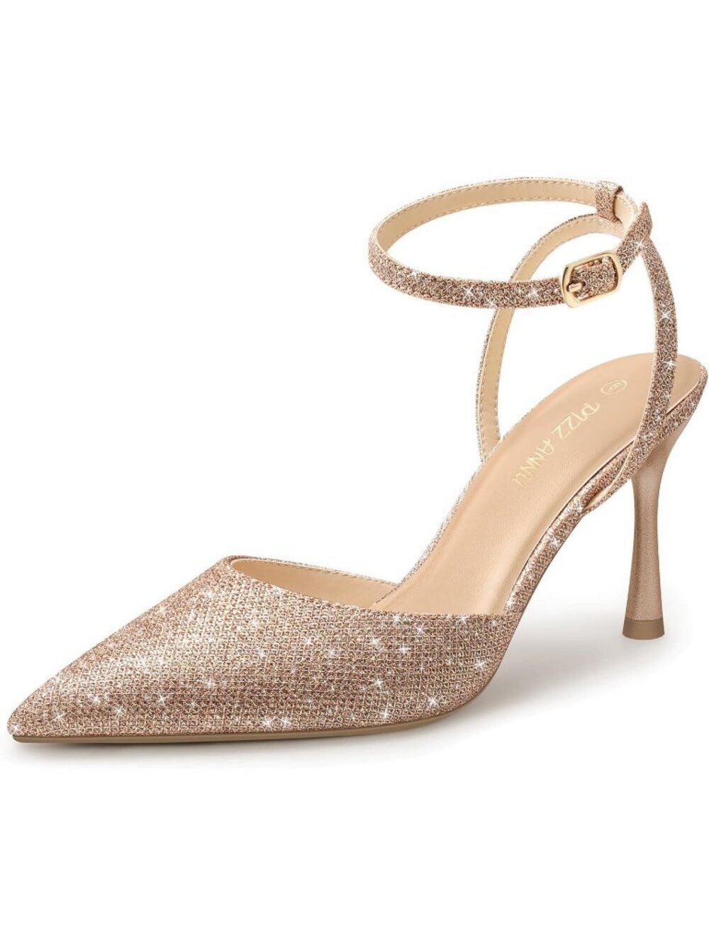 Women's Champagne Glitter Faux Leather Mesh Closed Toes Heels With Ankle Strap